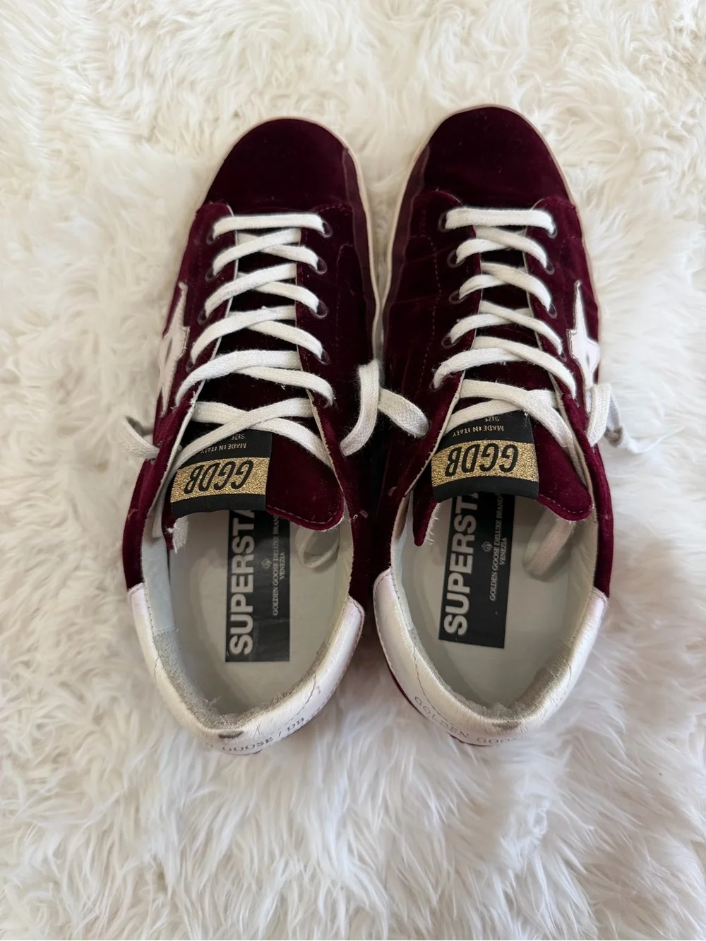 Golden Goose Super-Star Velvet Sneakers in Burgundy and White Size 39 US 9